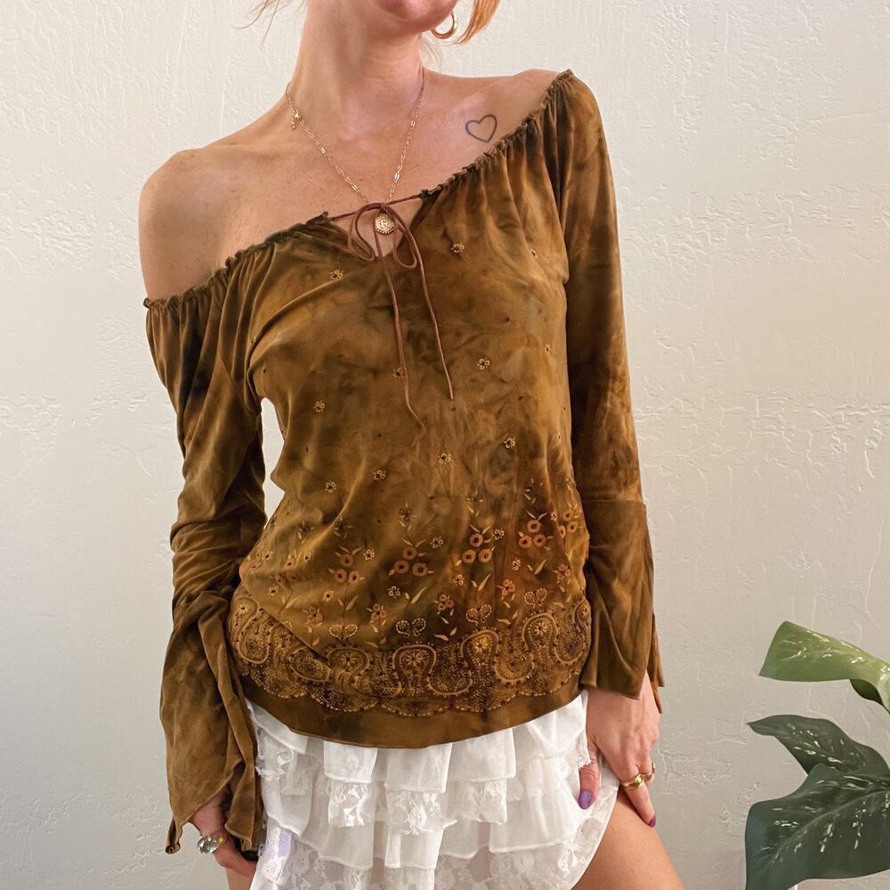 Y2K F21 Brown Printed Boho Peasant Flare Sleeve Top